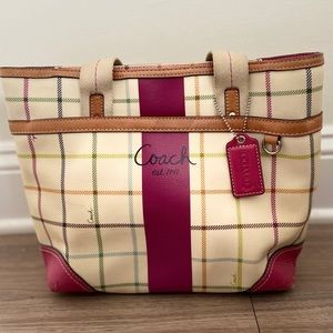 Coach Pink White Leather Plaid Purse